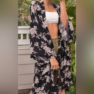 Spiritual Gangster Maya Black Gray Floral Kimono Inspired Robe